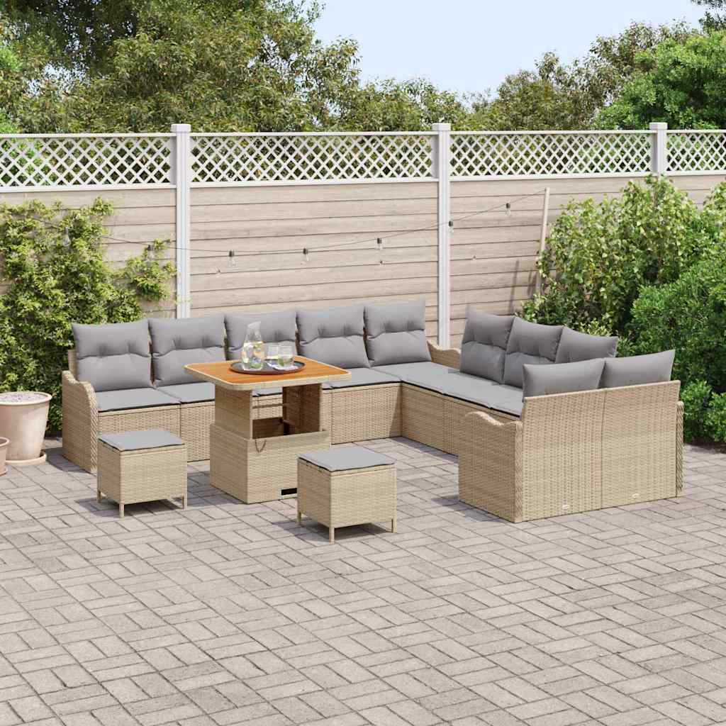 vidaXL 13-delige tuinsofa set met kussens in beige, van poly rattan en acacia.