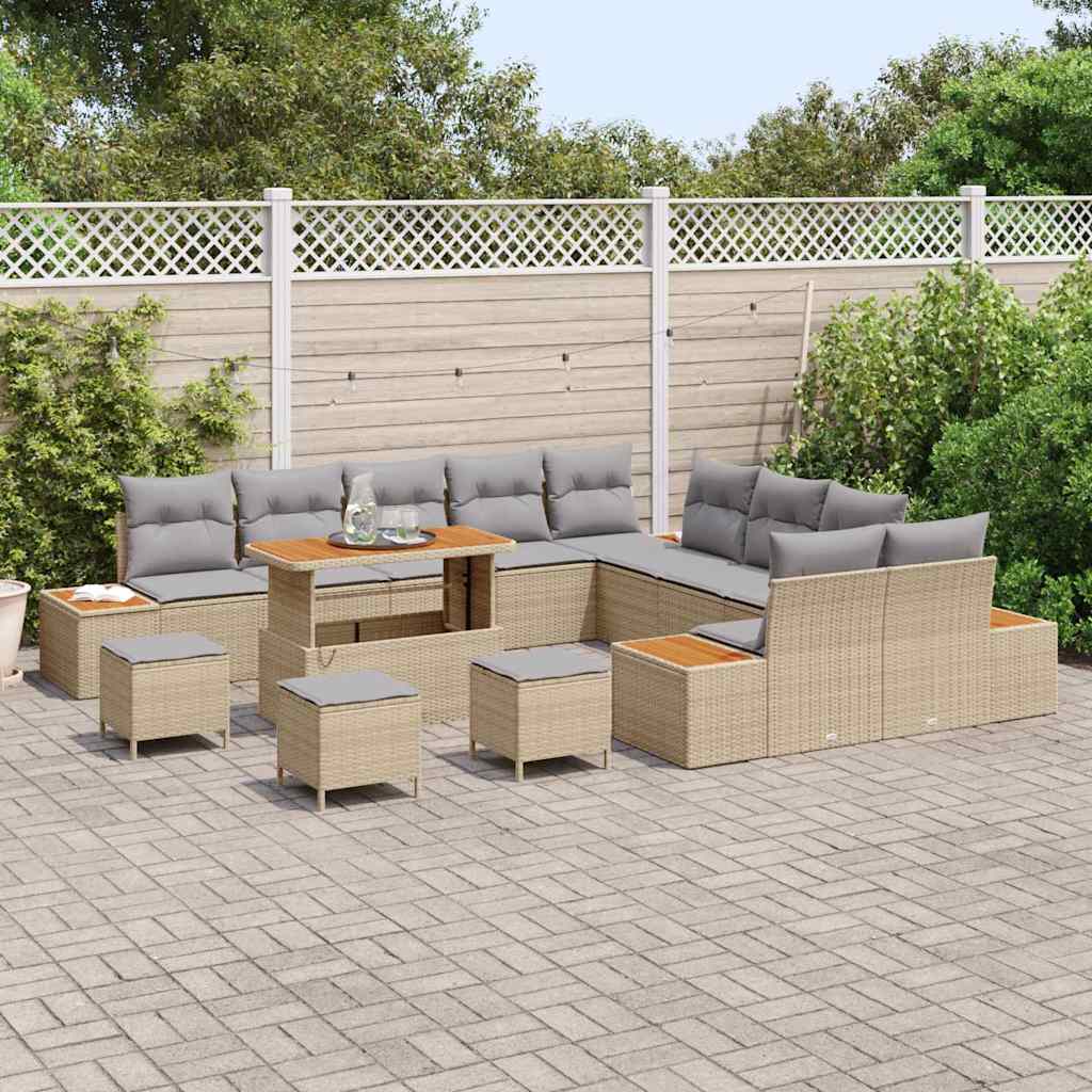 vidaXL 14-delige Tuinsofa Set met Beige Kussens van Poly Rattan en Acacia