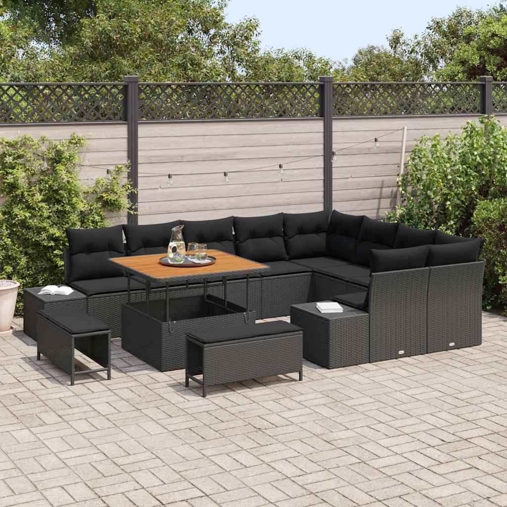 vidaXL 12-delige tuinset met kussens in zwart poly rattan en acacia