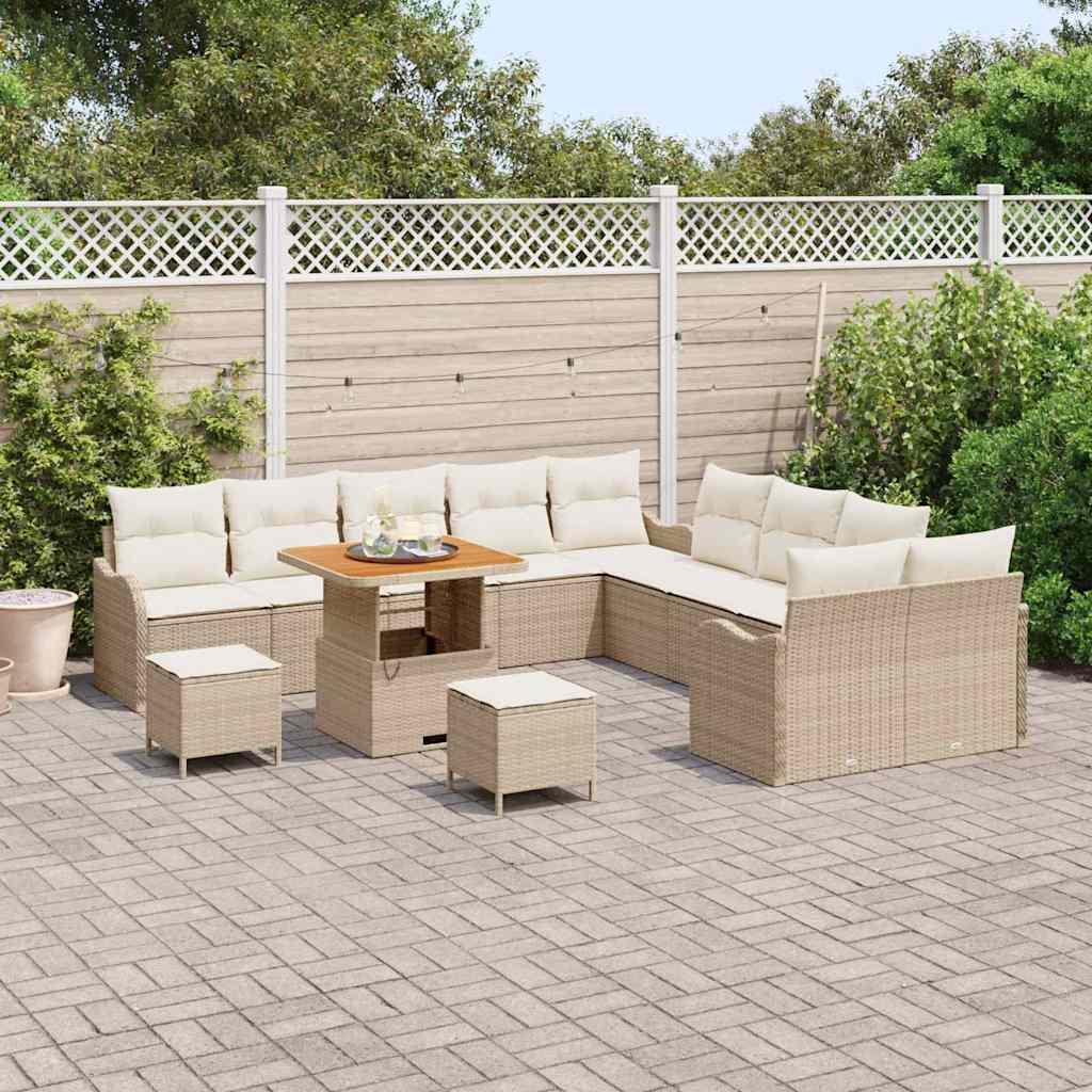 vidaXL 13-delige tuinset met kussens, beige poly rattan, acacia