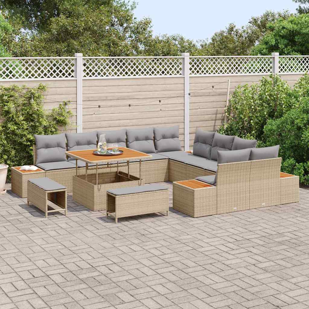 vidaXL 13-delige tuinsofa set met kussens - Beige, poly rattan, acacia.