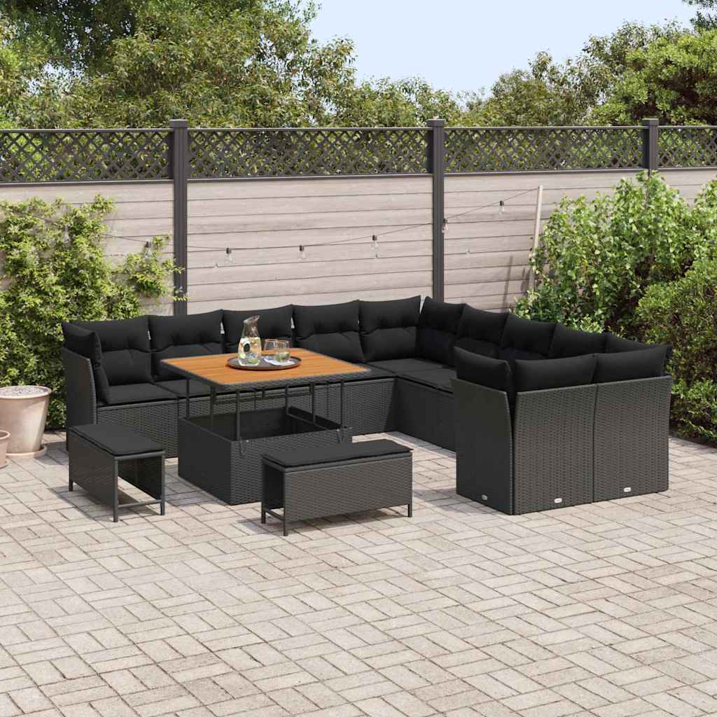 vidaXL 13-delige Tuinset met Kussens Zwart van Poly Rattan en Acacia