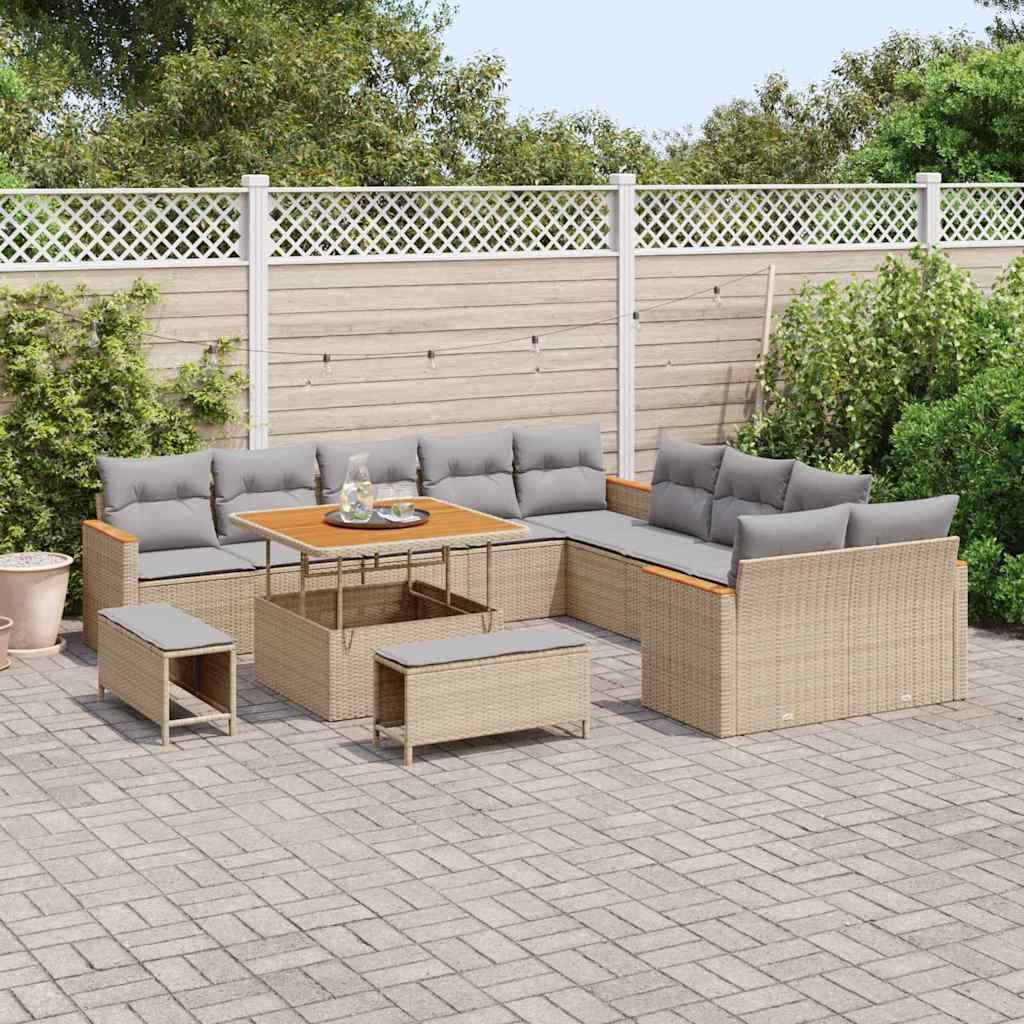 vidaXL 13-delige tuinbankset met kussens in beige poly rattan en acacia