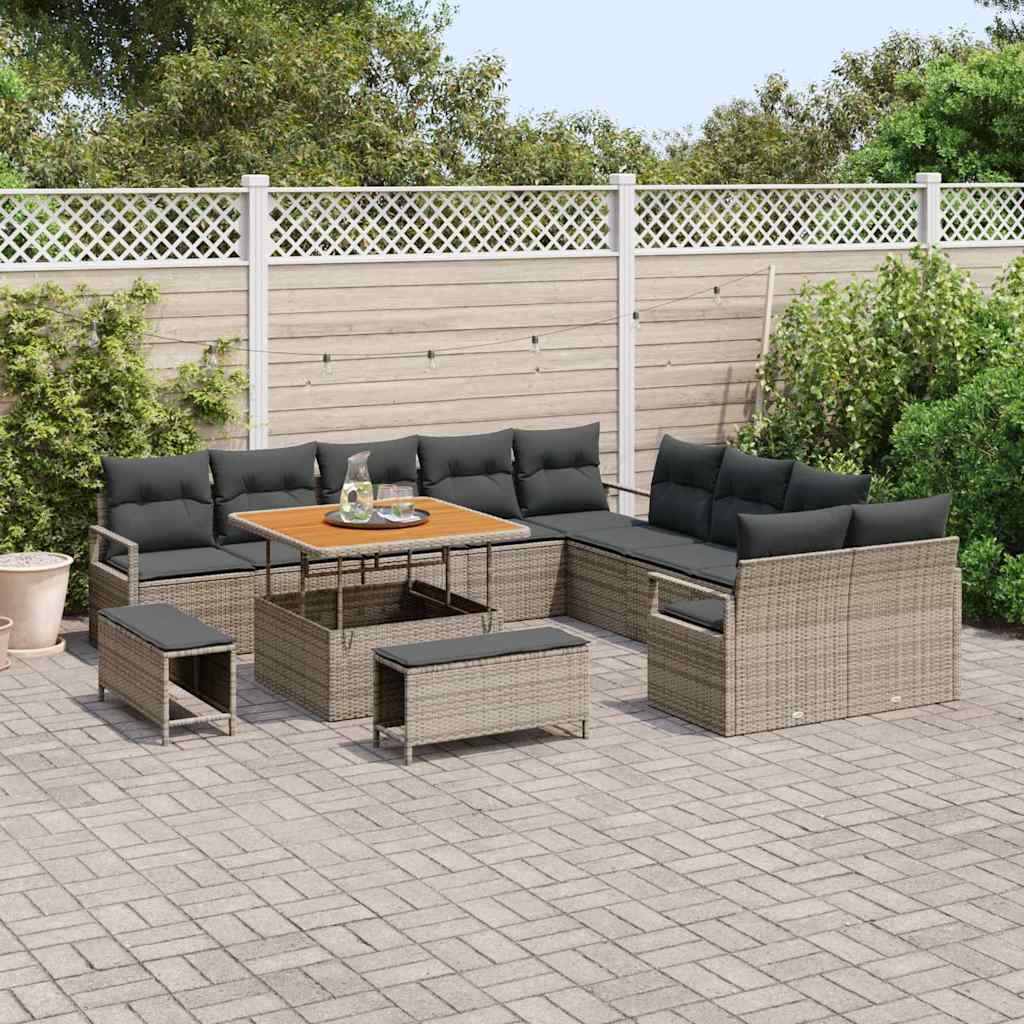 vidaXL 13-delige Tuinbank Set met Kussens in Grijs Poly Rattan en Acaciahout