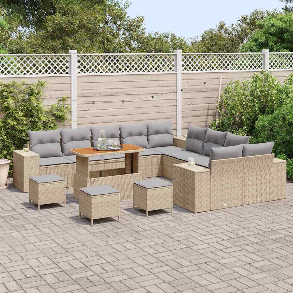 vidaXL 14-delige tuinsofa set met beige kussens van poly riet en acaciahout