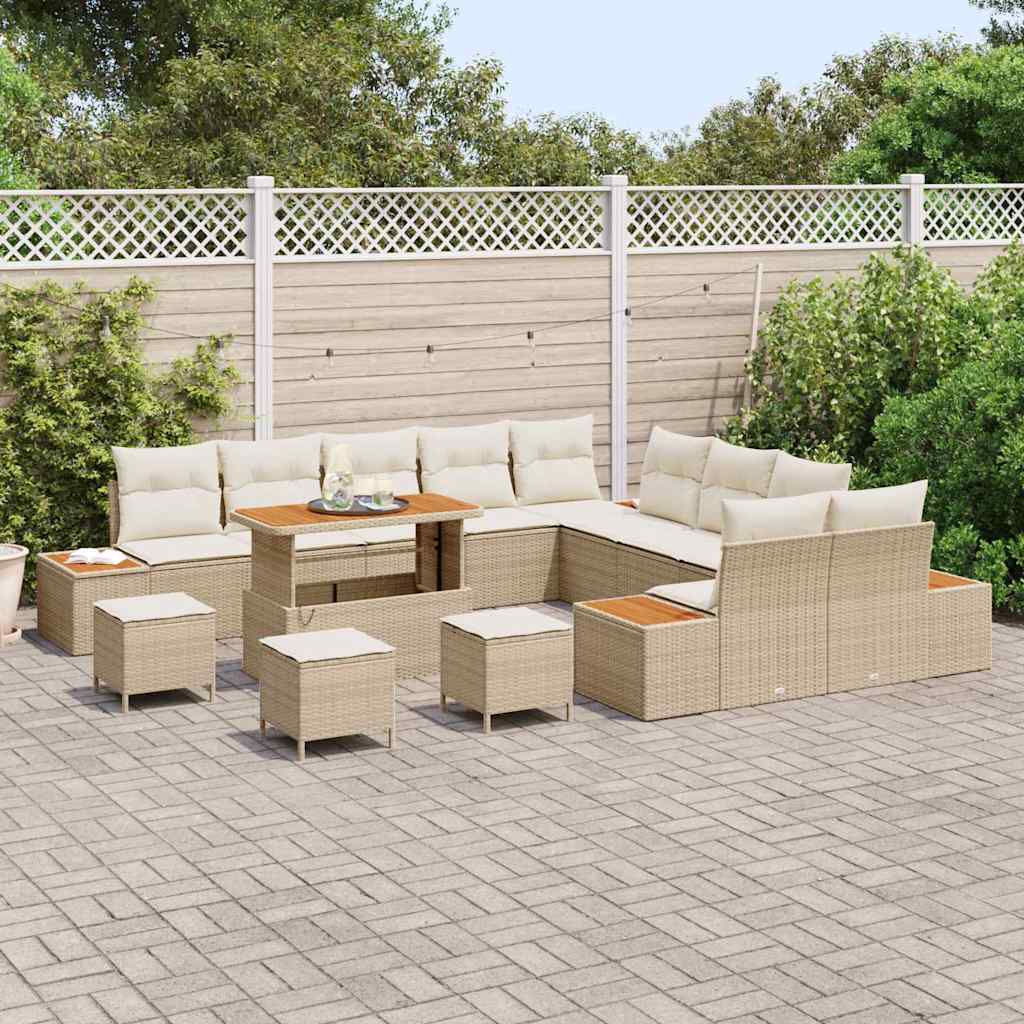 vidaXL 14-delige Tuinbank Set met Kussens in Beige van Poly Rattan en Acacia