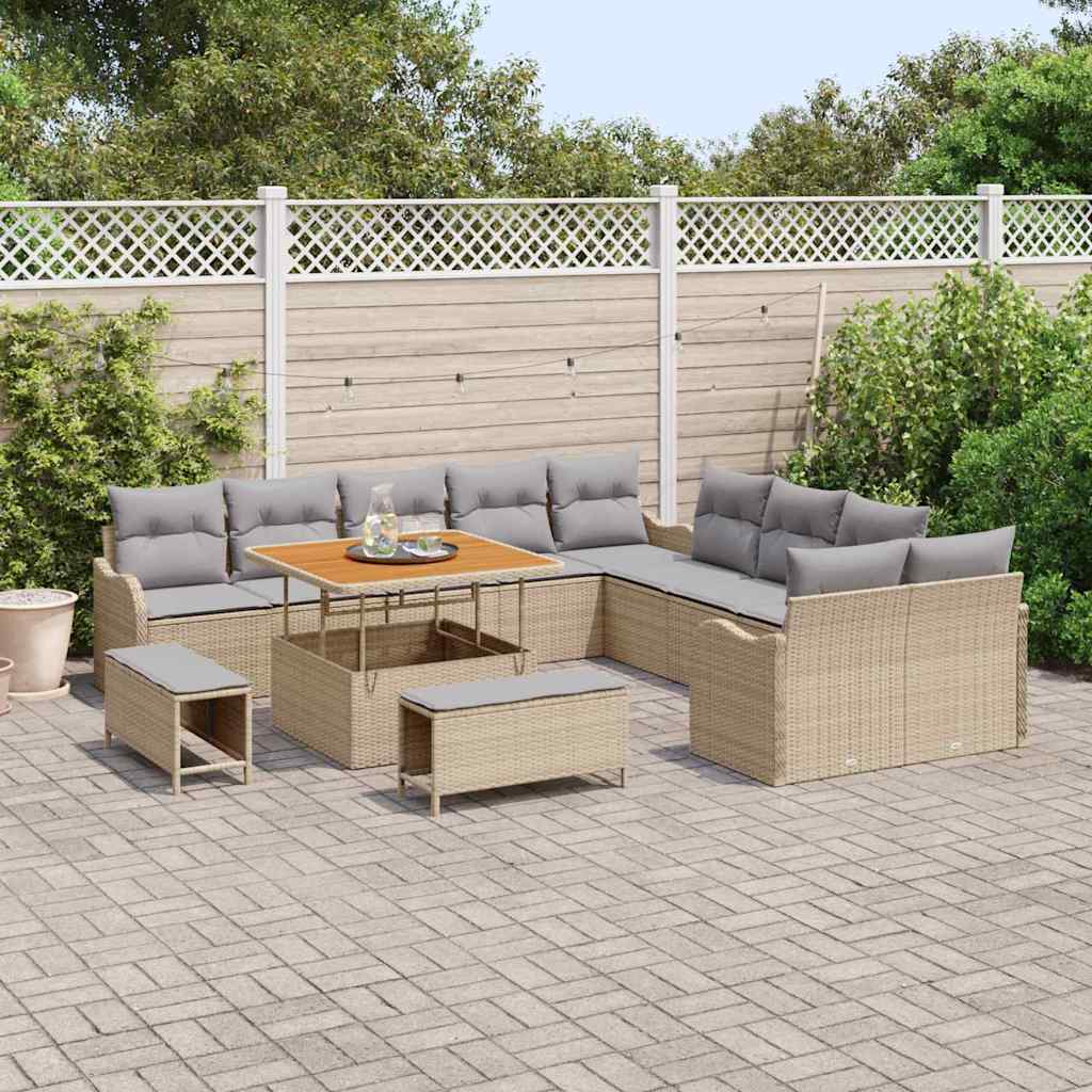 vidaXL 13-delige tuinsofa set met kussens in beige, gemaakt van poly rattan en acacia.