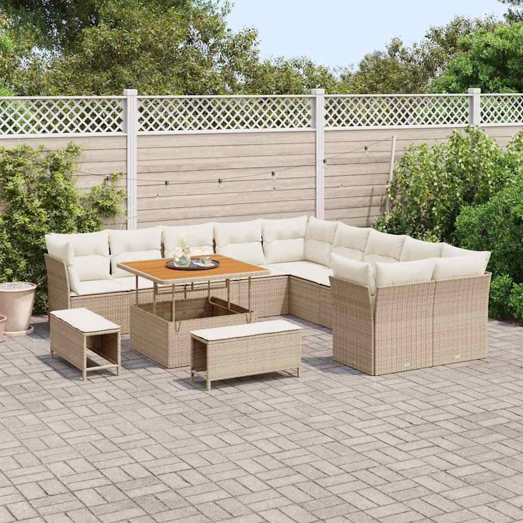 vidaXL 13-delige Tuin Sofa Set met Kussens in Beige van Poly Rattan en Acacia