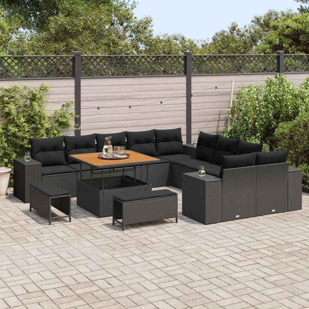vidaXL 13-delige tuinset met kussens in zwart poly rattan en acacia