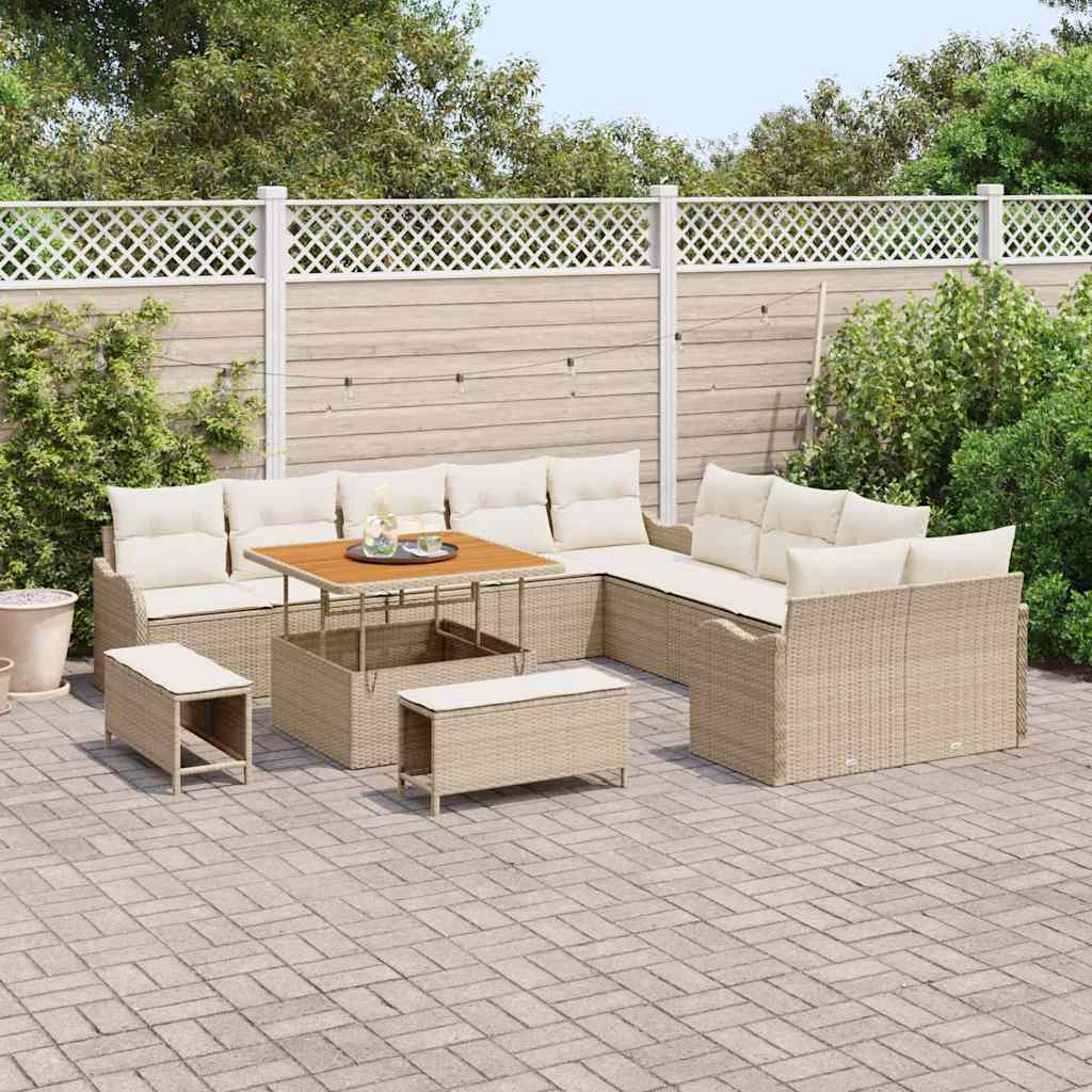 vidaXL 13-delige tuinbankset met kussens in beige poly rattan en acacia.