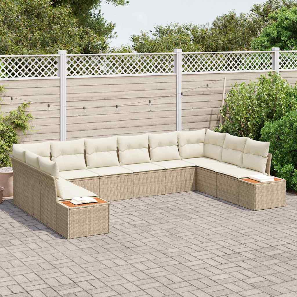vidaXL 10-delige Tuinbankenset met kussens poly rattan acacia beige
