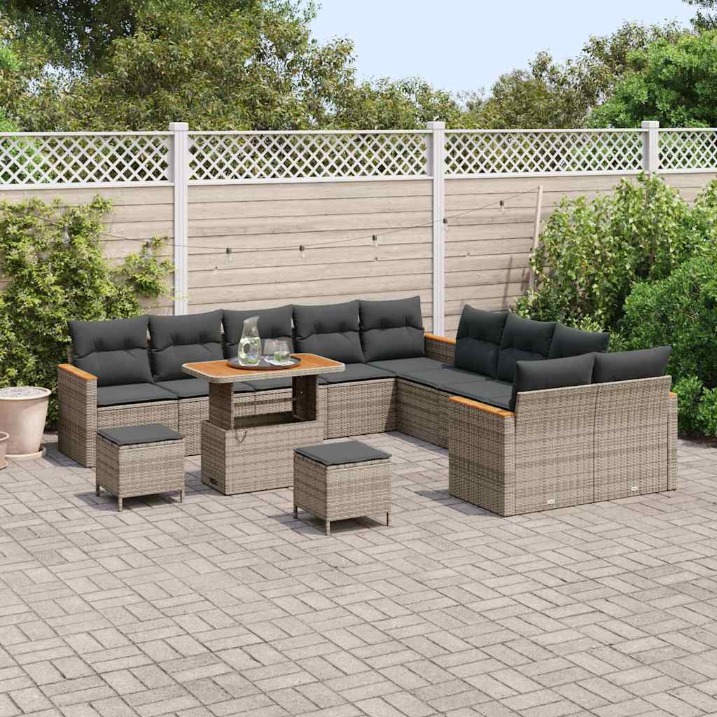 vidaXL 13-delige Tuinbankenset met kussens poly rattan acacia grijs