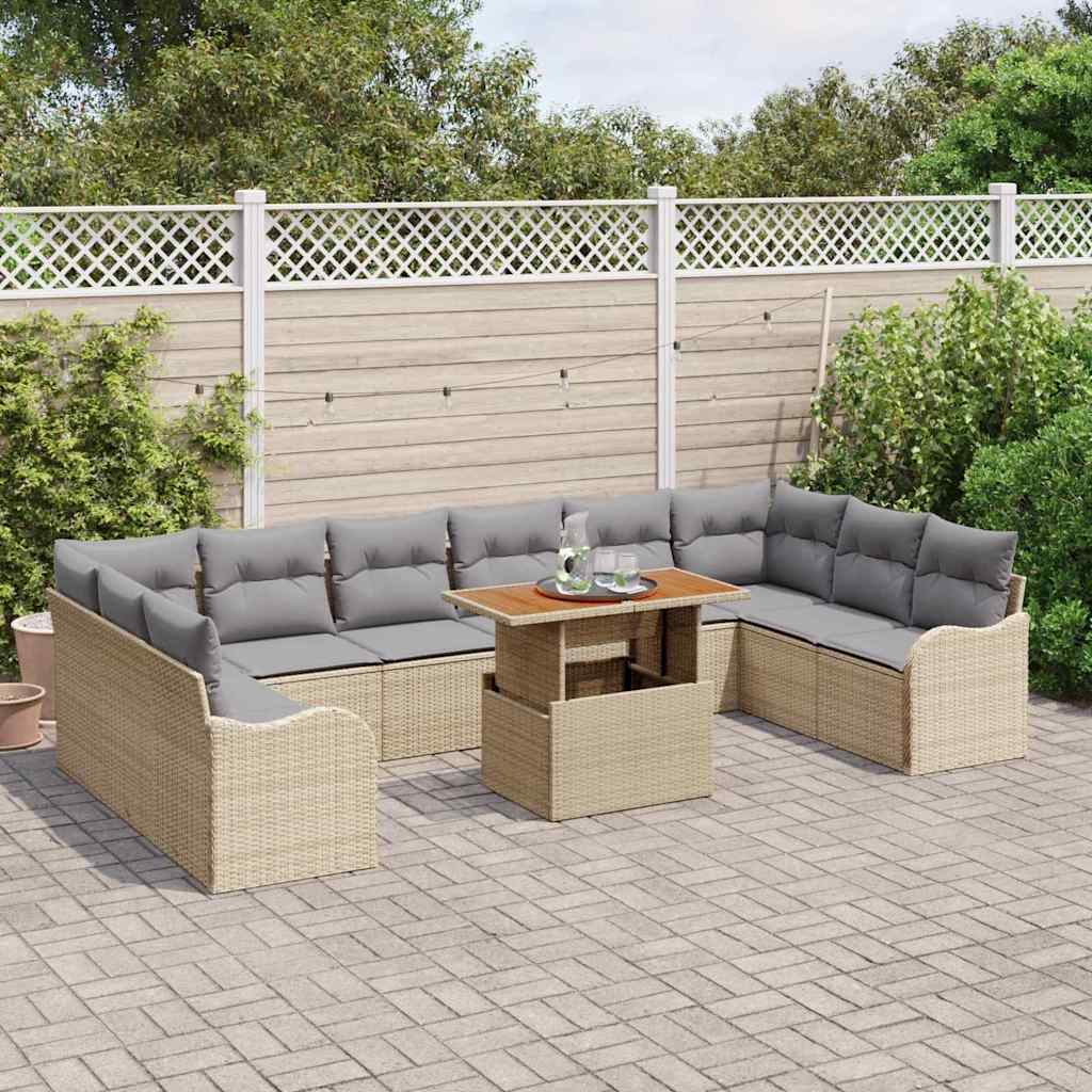 vidaXL 11-delige tuinbank set met kussens in beige van poly rattan en acacia