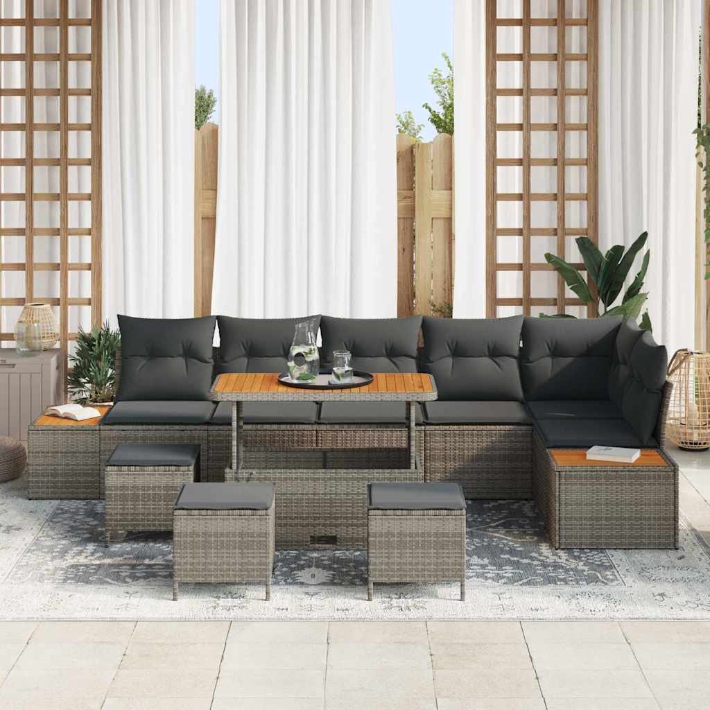 vidaXL 10-delige Tuinbankenset met kussens poly rattan acacia grijs