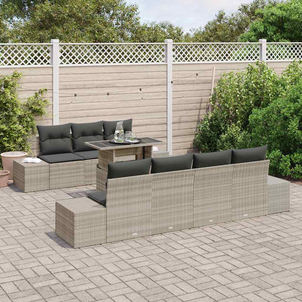 vidaXL 8-delige Tuinbankenset met kussens poly rattan lichtgrijs