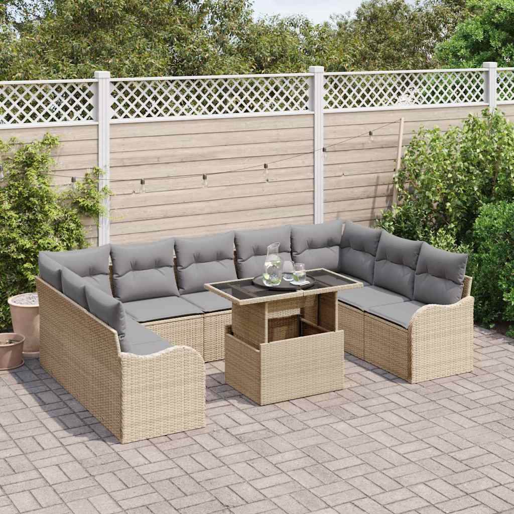 vidaXL 10-delige Tuinbankenset met kussens poly rattan beige