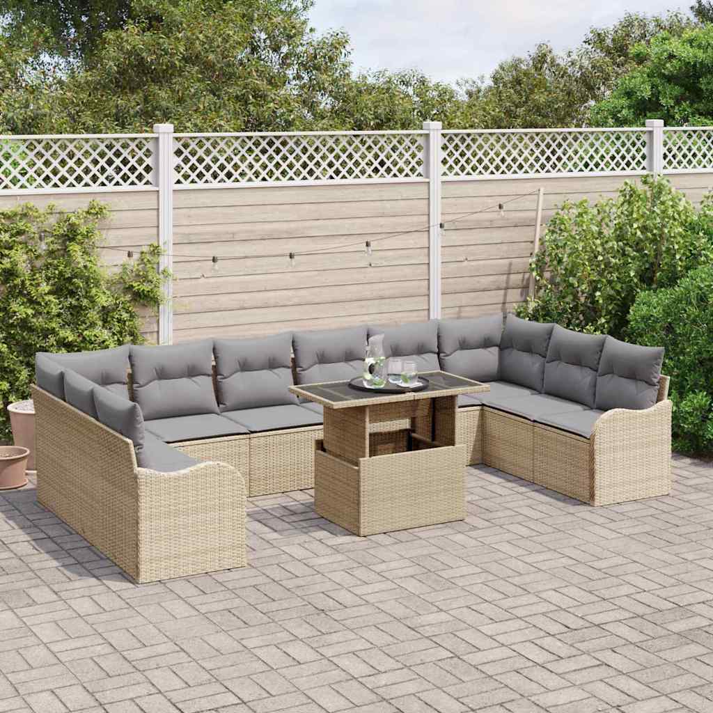 vidaXL 11-delige Tuinbankenset met kussens poly rattan beige