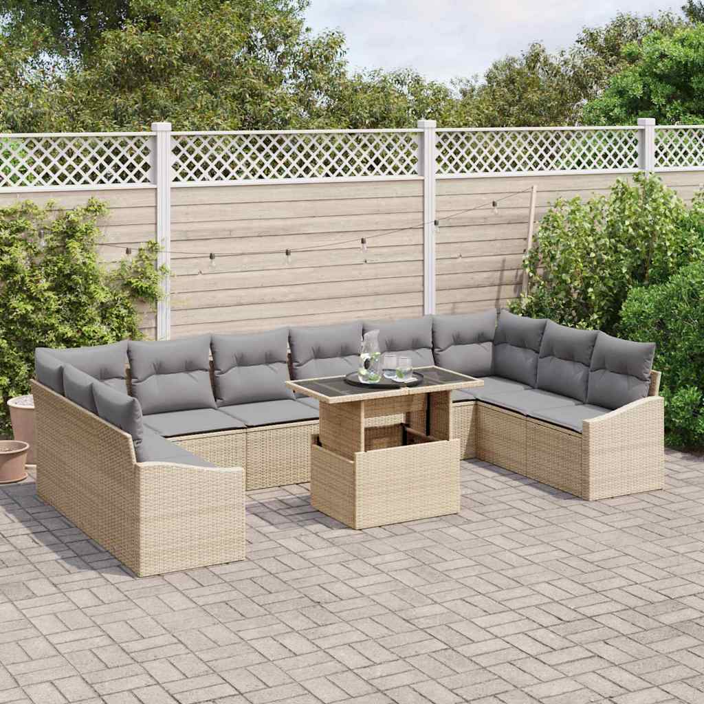 vidaXL 11-delige Tuinbankenset met kussens poly rattan beige