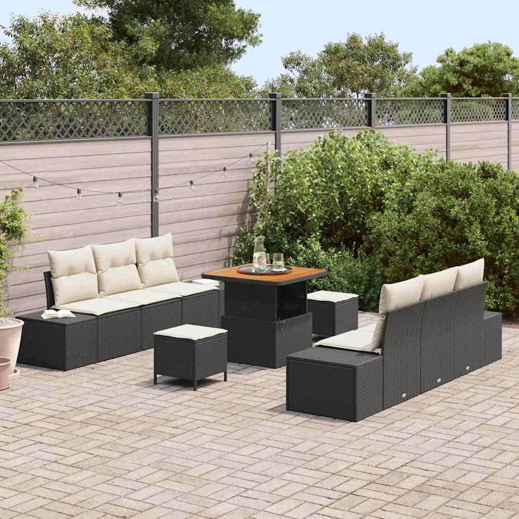 vidaXL 9-delige Tuinbankenset met kussens poly rattan acacia zwart