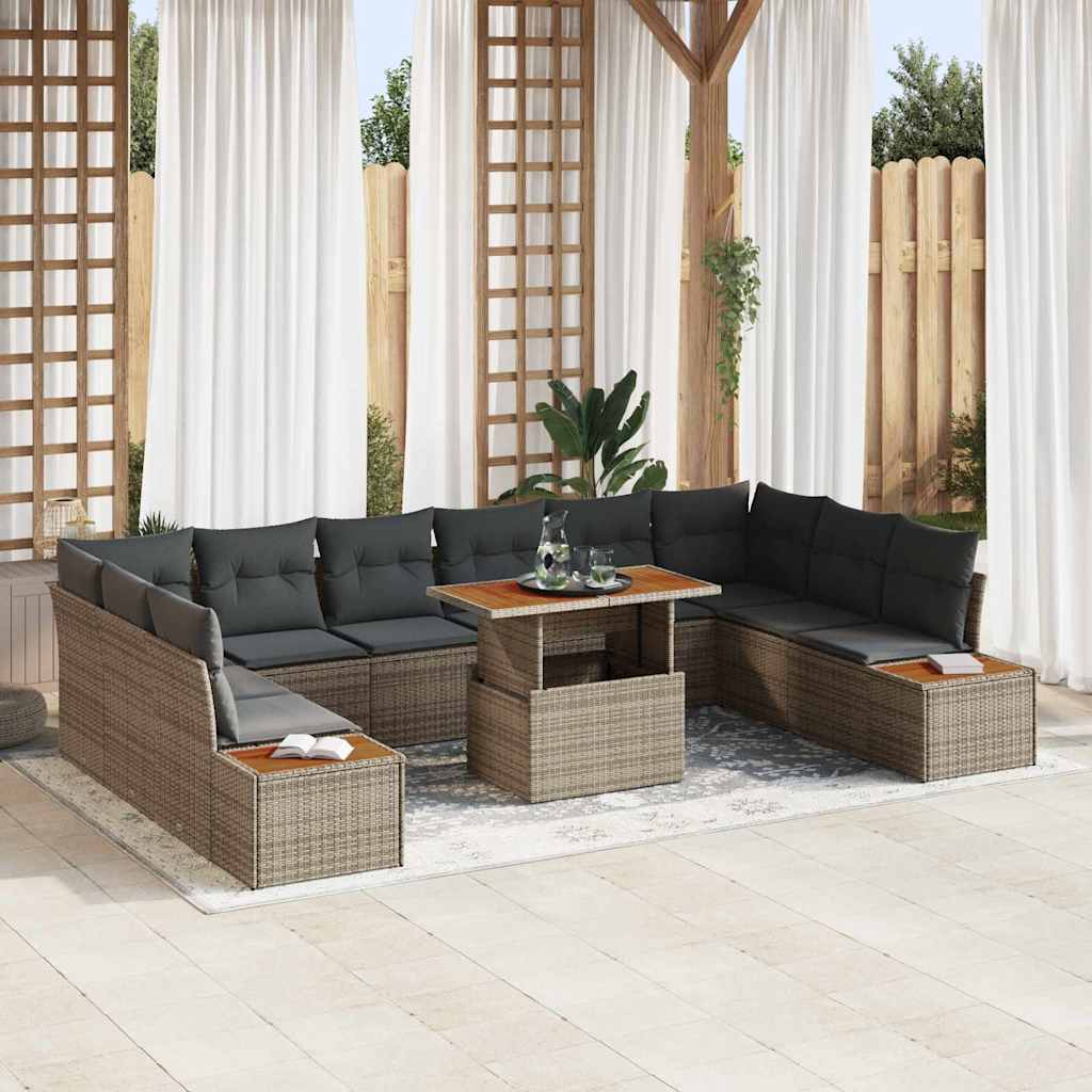vidaXL 11-delige Tuin Eetset met Kussens in het Grijs van Poly Rattan en Acacia