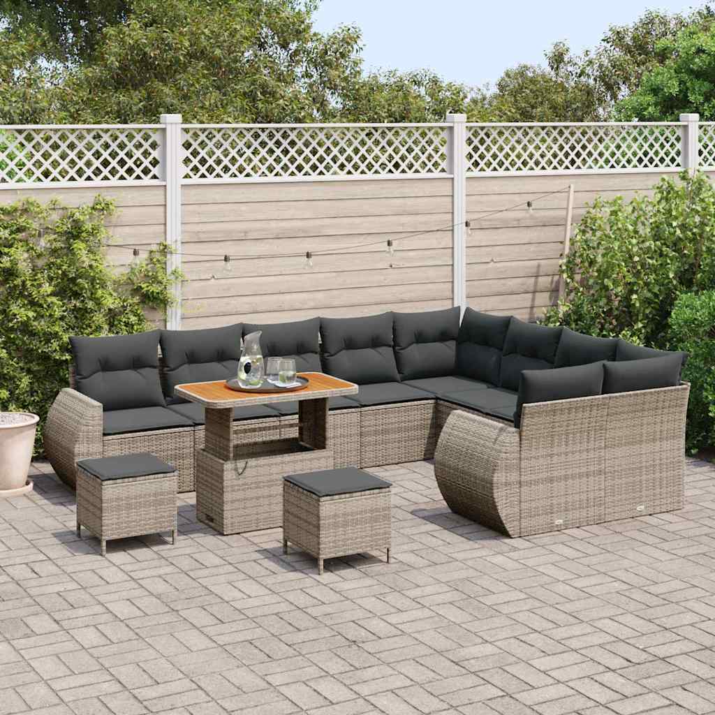 vidaXL 12-delige Tuinbankenset met kussens poly rattan acacia grijs