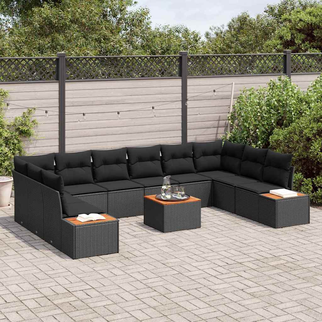 vidaXL 11-delige Tuinbankenset met kussens poly rattan acacia zwart
