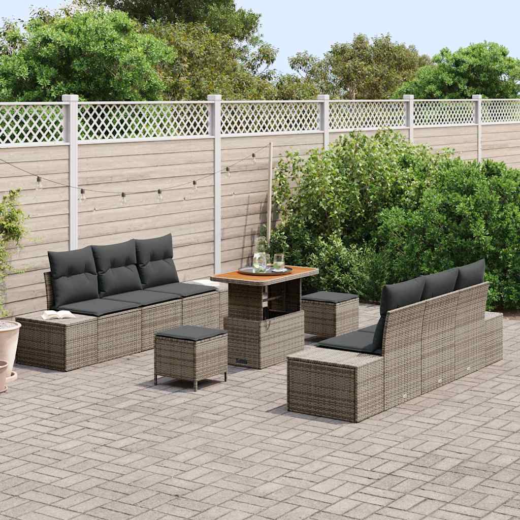 vidaXL 9-delige Tuinbankenset met kussens poly rattan acacia grijs