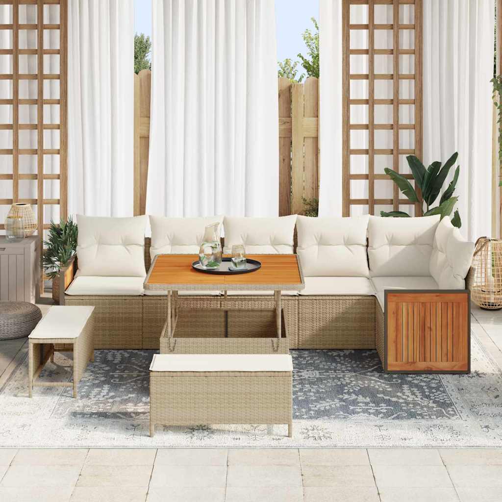 vidaXL 9-delige Tuinsofa Set met Kussens in Beige van Poly Rattan en Acacia