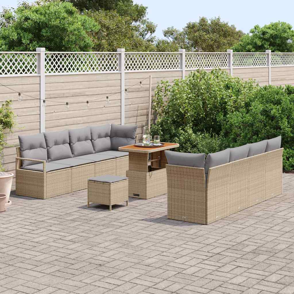vidaXL 11-delige tuinset met kussens in beige van poly rattan en acacia