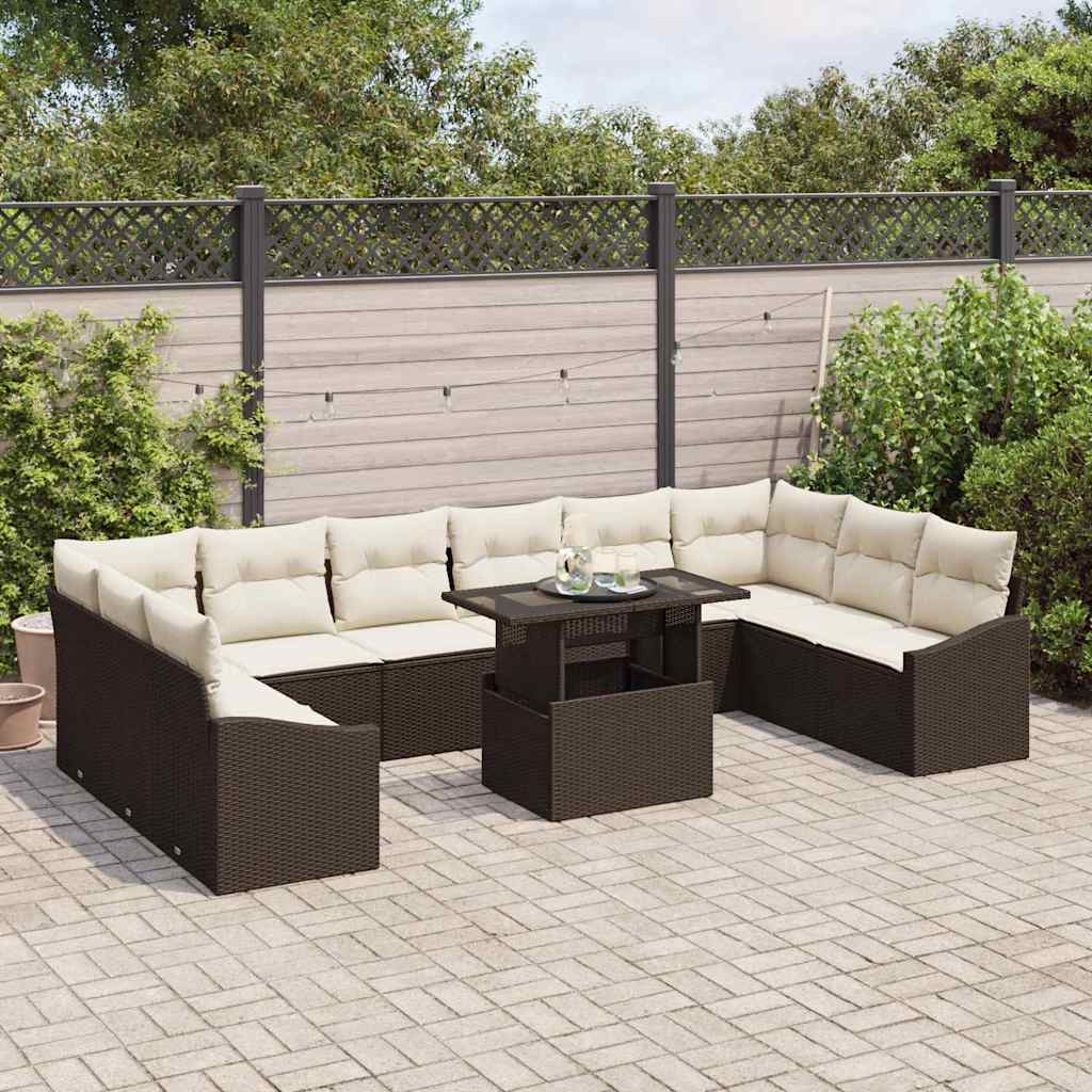 vidaXL 11-delige Tuinbankenset met kussens poly rattan bruin