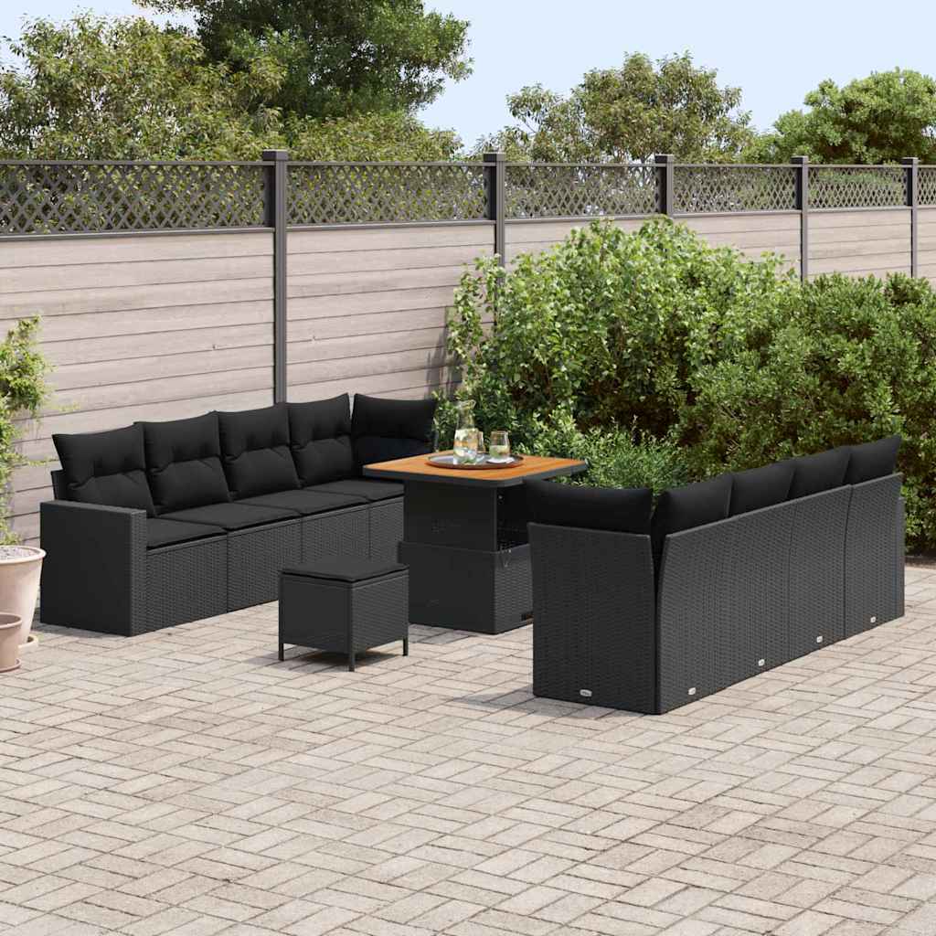 vidaXL 11-delige Tuinbankenset met kussens poly rattan acacia zwart