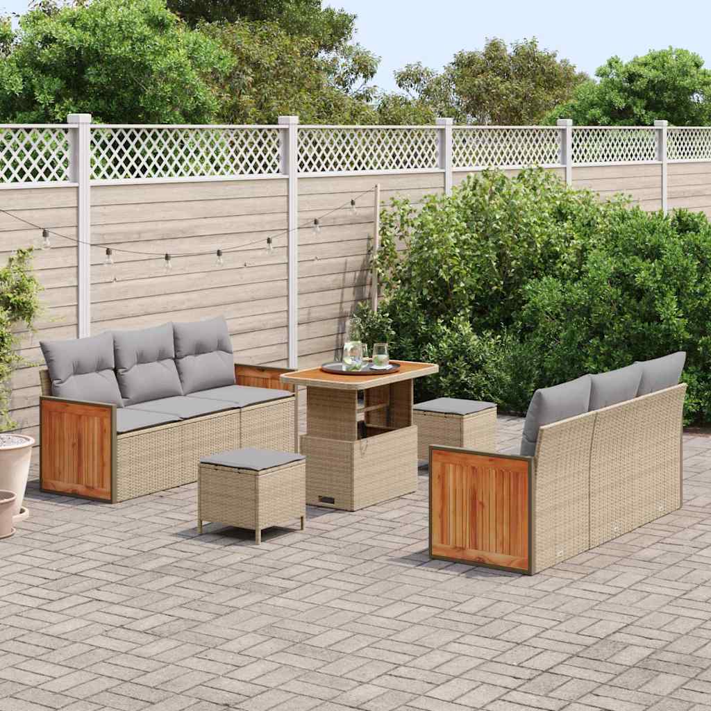 vidaXL 9-delige Tuinbankenset met kussens poly rattan acacia beige
