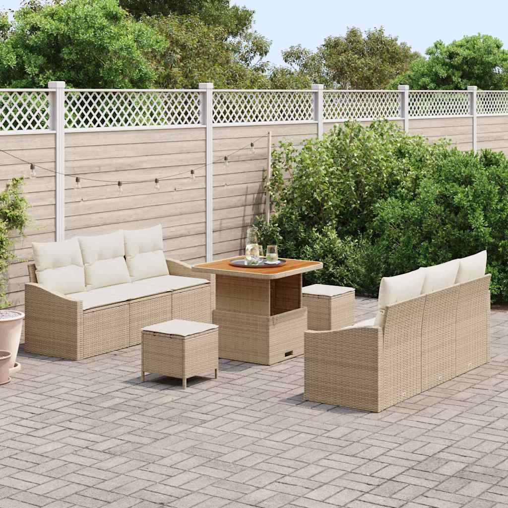 vidaXL 9-delige Tuinbankenset met kussens poly rattan acacia beige