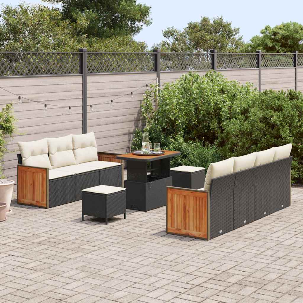 vidaXL 10-delige Tuinbankenset met kussens poly rattan acacia zwart