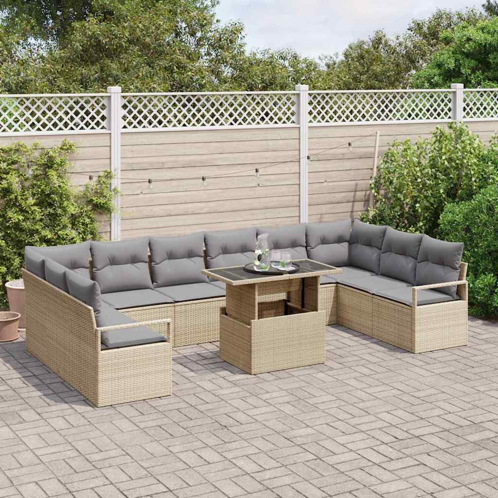 vidaXL 11-delige tuinset met kussens in beige poly rattan