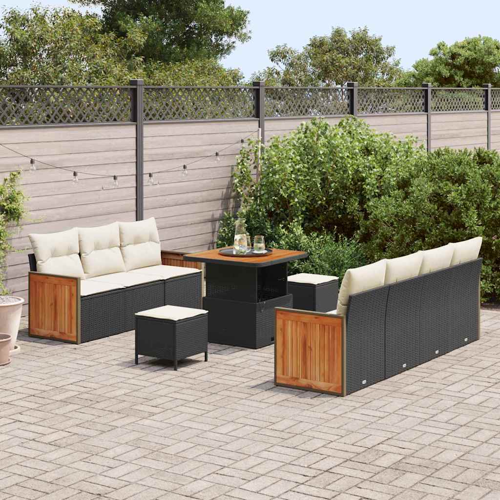 vidaXL 10-delige Tuinbankenset met kussens poly rattan acacia zwart