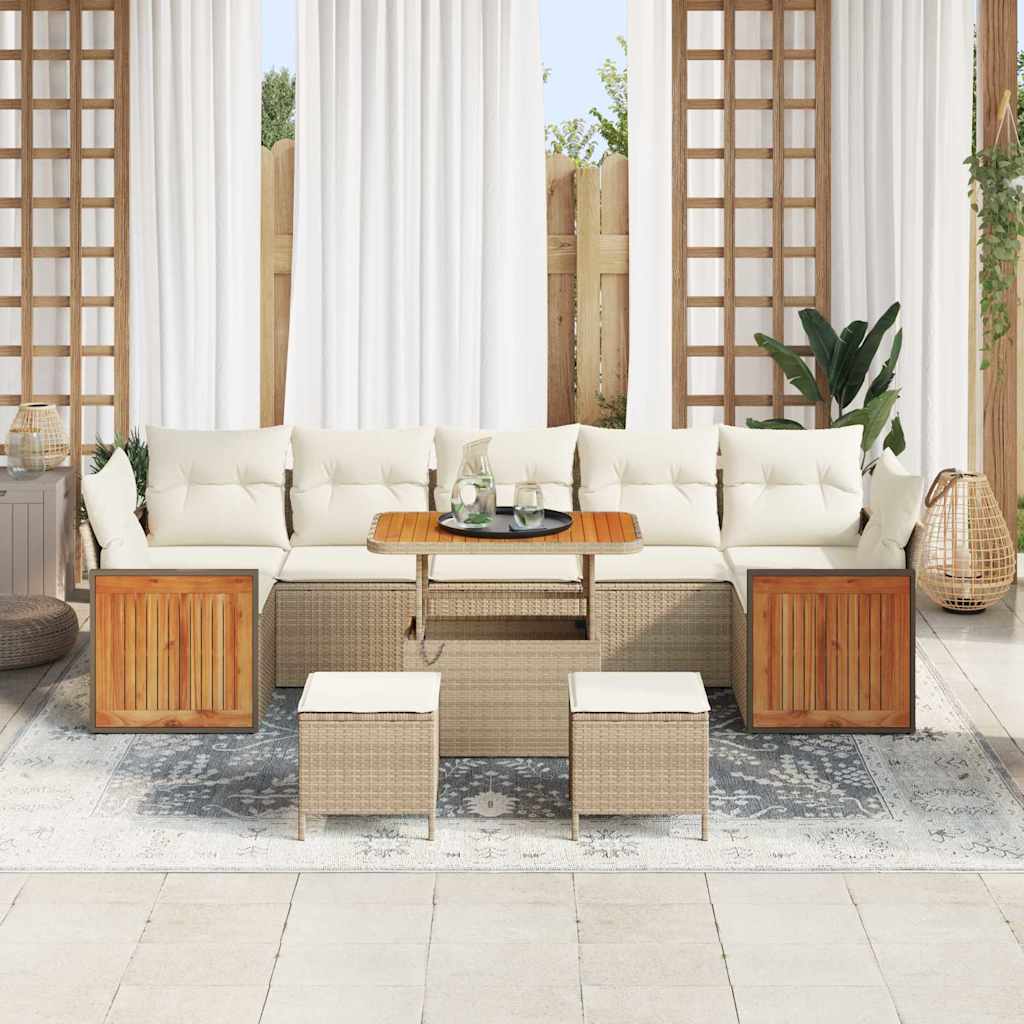vidaXL 10-delige tuinset met kussens in beige poly rattan en acacia