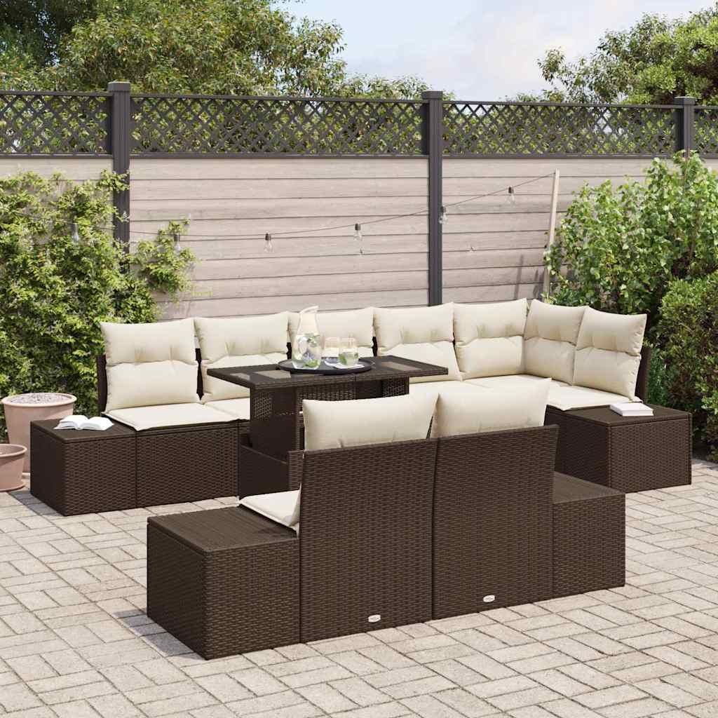 vidaXL 9-delige tuin sofa set met kussens in bruin poly riet