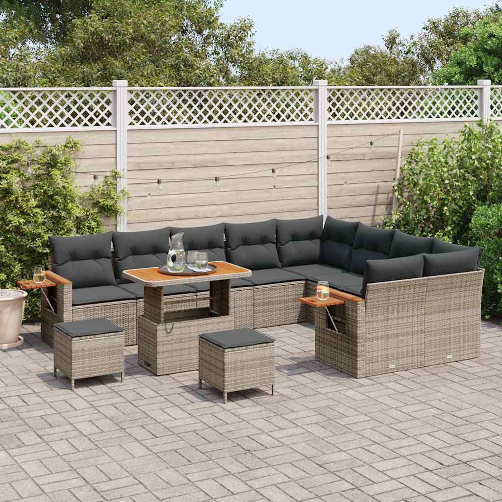 vidaXL 12-delige Tuinbankenset met kussens poly rattan acacia grijs