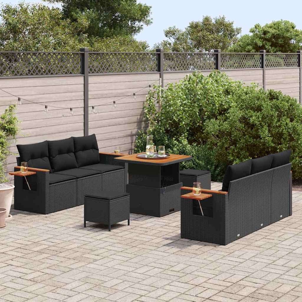 vidaXL 9-delige tuinsofa set met kussens in zwart poly rattan en acacia