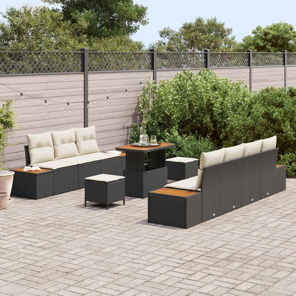 vidaXL 10-delige tuinset met kussens in zwart poly rattan en acacia
