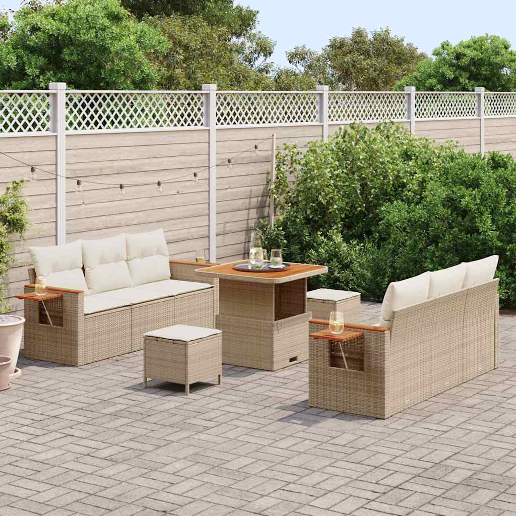 vidaXL 9-delige tuinmeubelset met kussens in Beige van Poly Rattan en Acacia