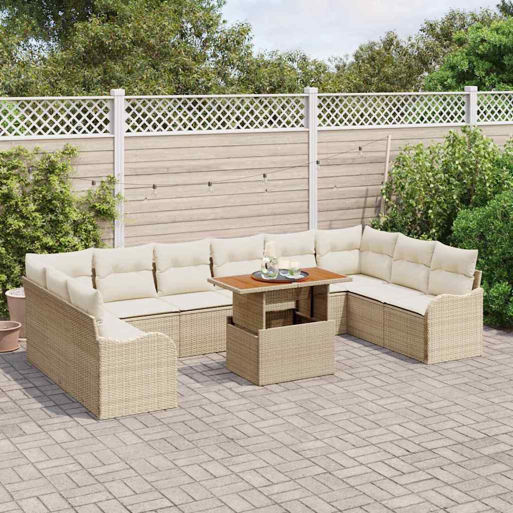 vidaXL 11-delige tuinbankset met kussens in beige poly rattan en acacia hout