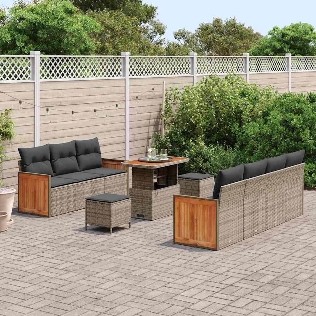 vidaXL 10-delige Tuinbankenset met kussens poly rattan acacia grijs