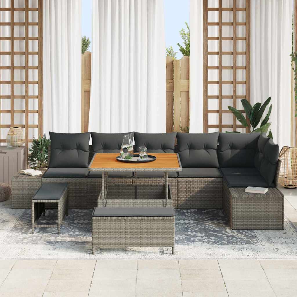 vidaXL 9-delige ligbankset met kussens - Grijs, Poly Rattan, Acaciahout