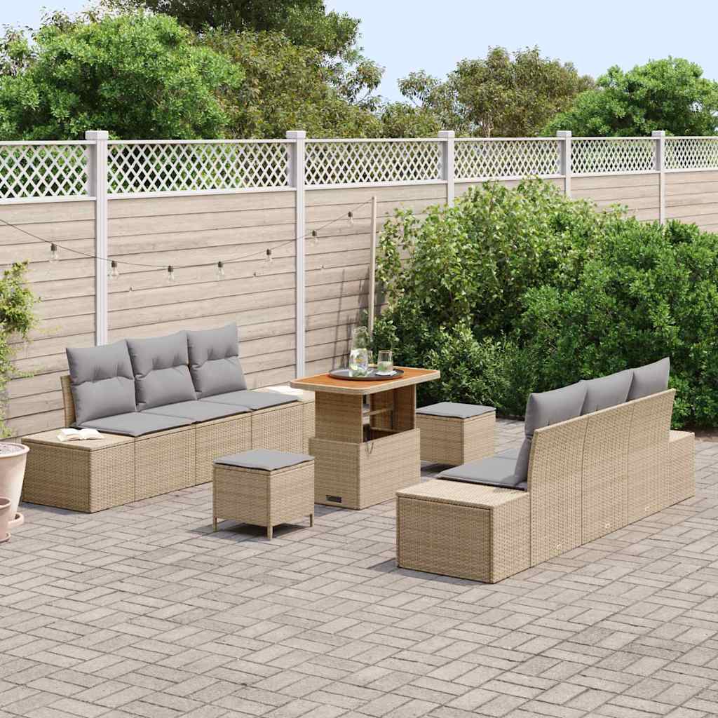 vidaXL 9-delige Tuinbankenset met kussens poly rattan acacia beige