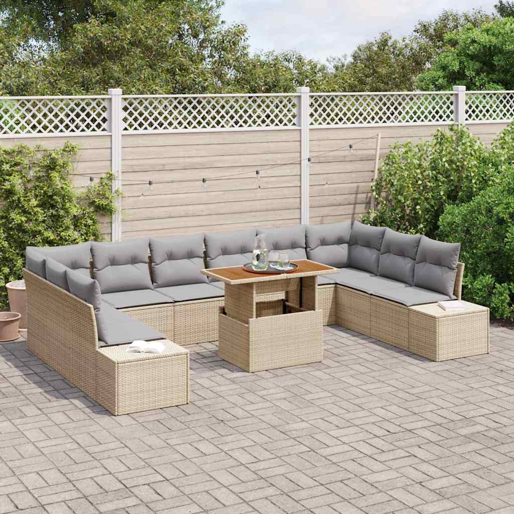 vidaXL 11-delige tuinset met kussens in beige poly rattan en acacia