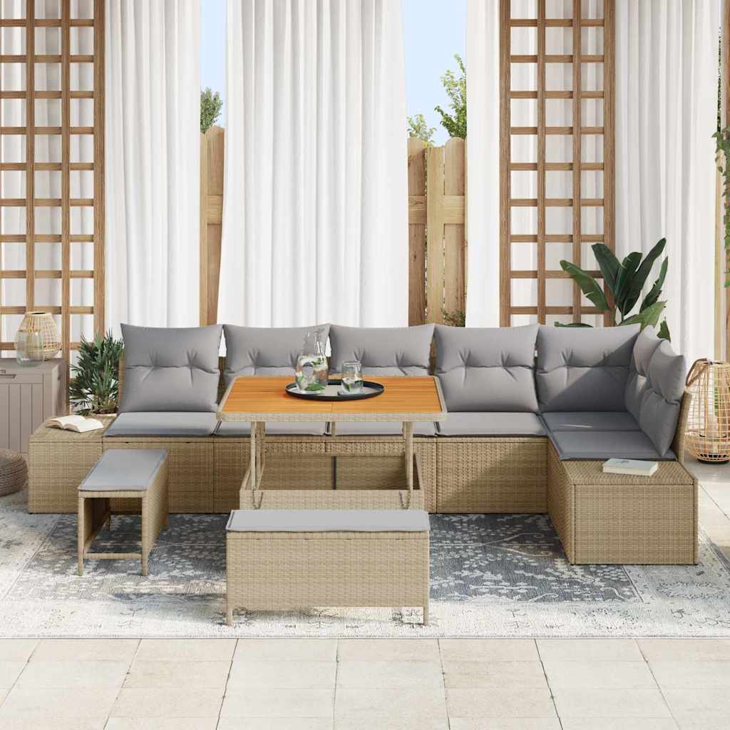 vidaXL 9-delige tuinsofaset met kussens in Beige, van Poly Rattan en Acacia