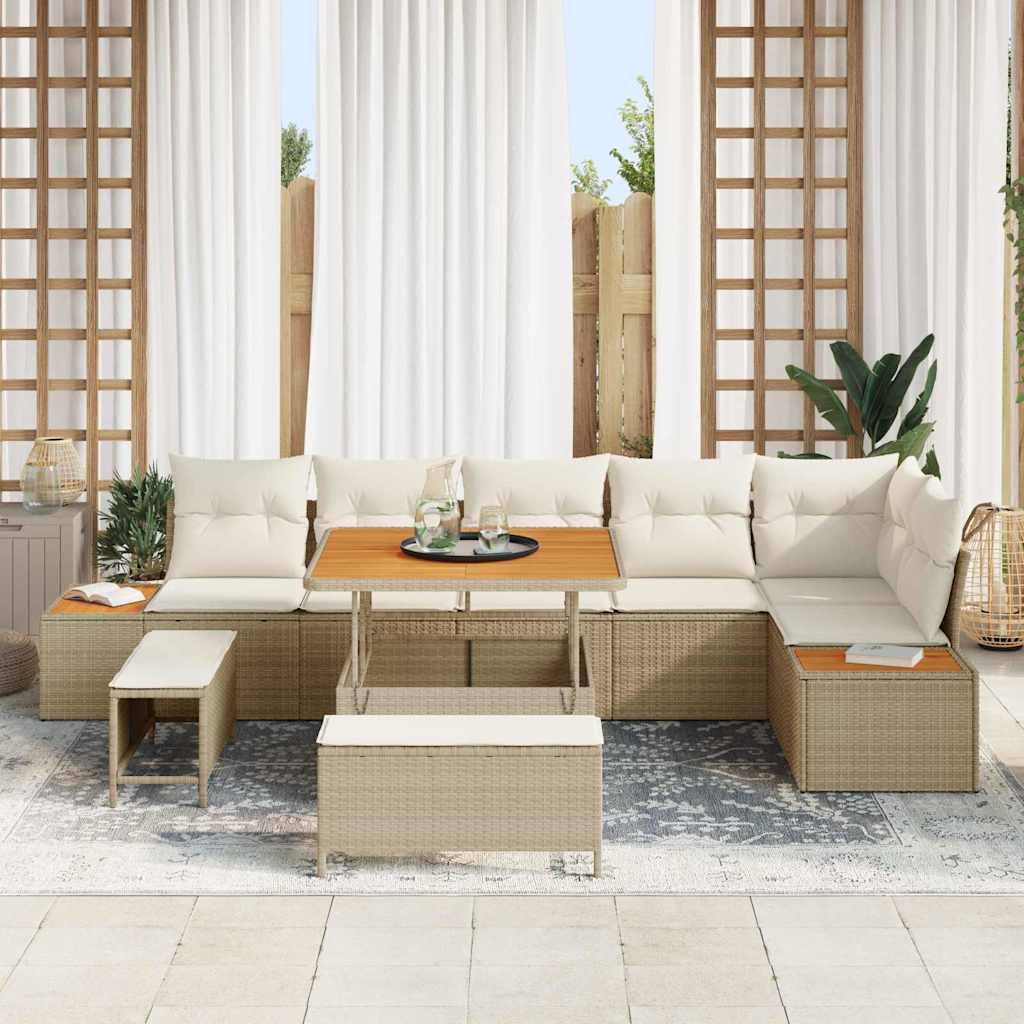 vidaXL 9-delige Tuinbankenset met kussens poly rattan acacia beige