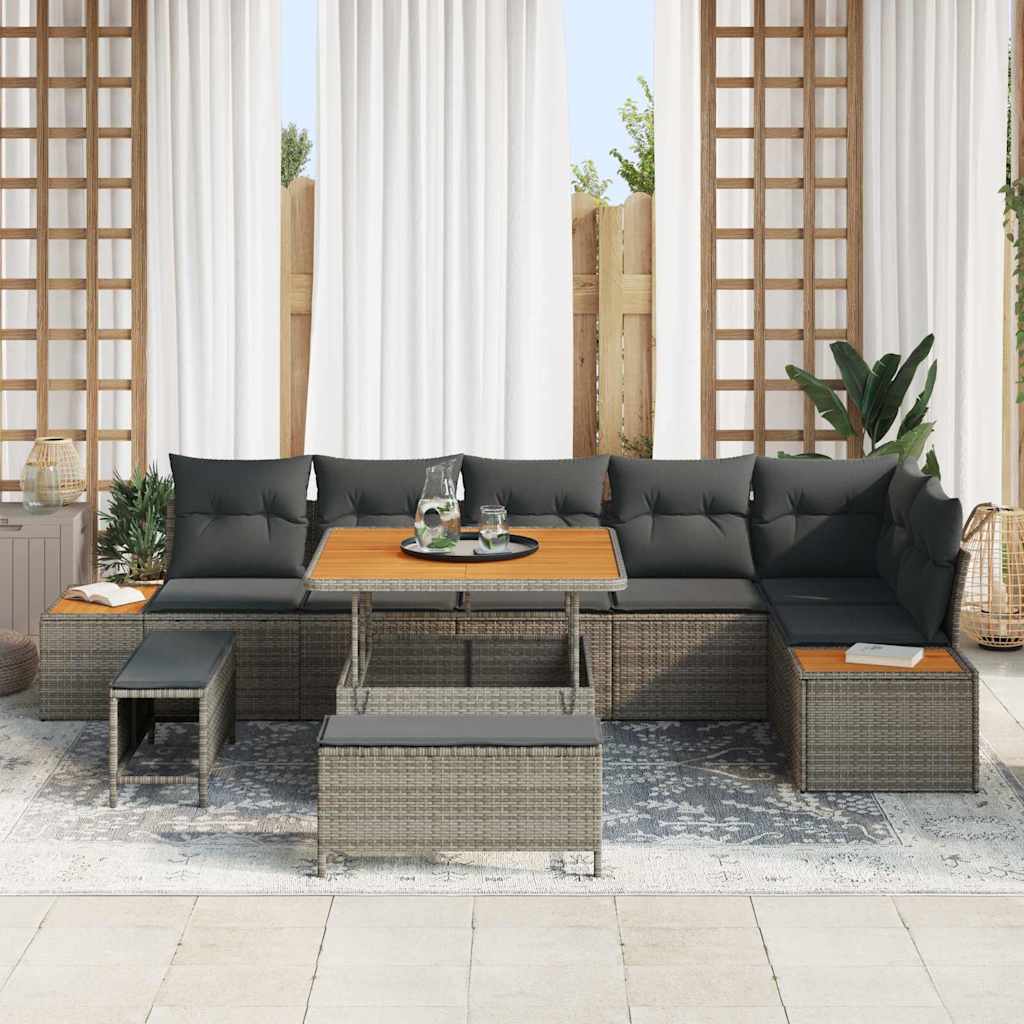 vidaXL 9-delige Tuinbankenset met kussens poly rattan acacia grijs